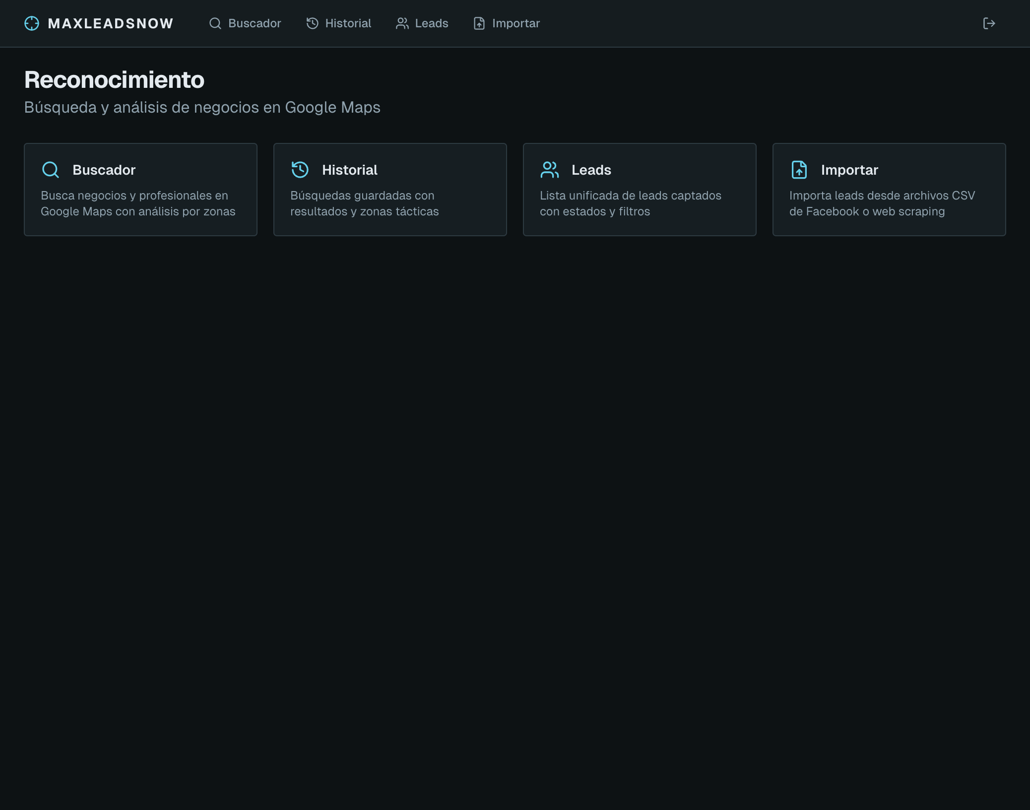 MaxLeadsNow Dashboard — Vista principal con mapa territorial y resultados de búsqueda